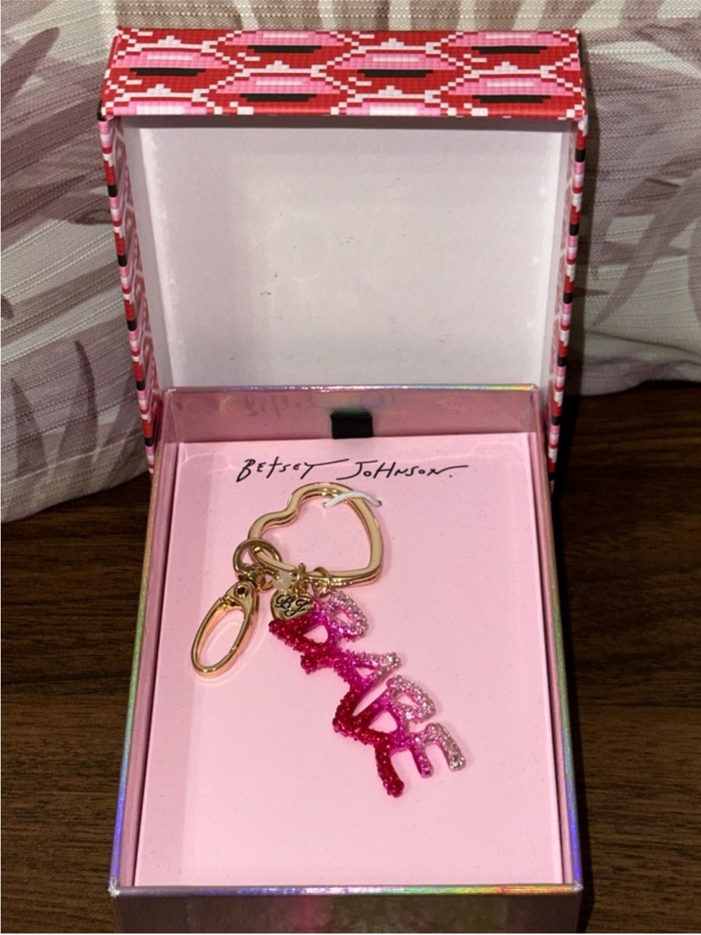 Betsey Johnson Pink Glitter LOVE Heart Key Ring with Gold Hardware